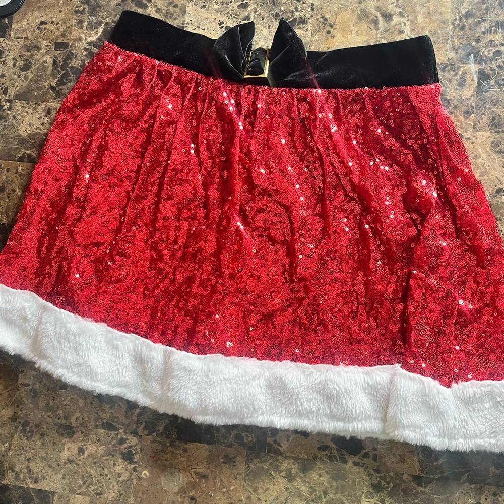 Red Sequin Mini Skirt with Faux Fur Trim